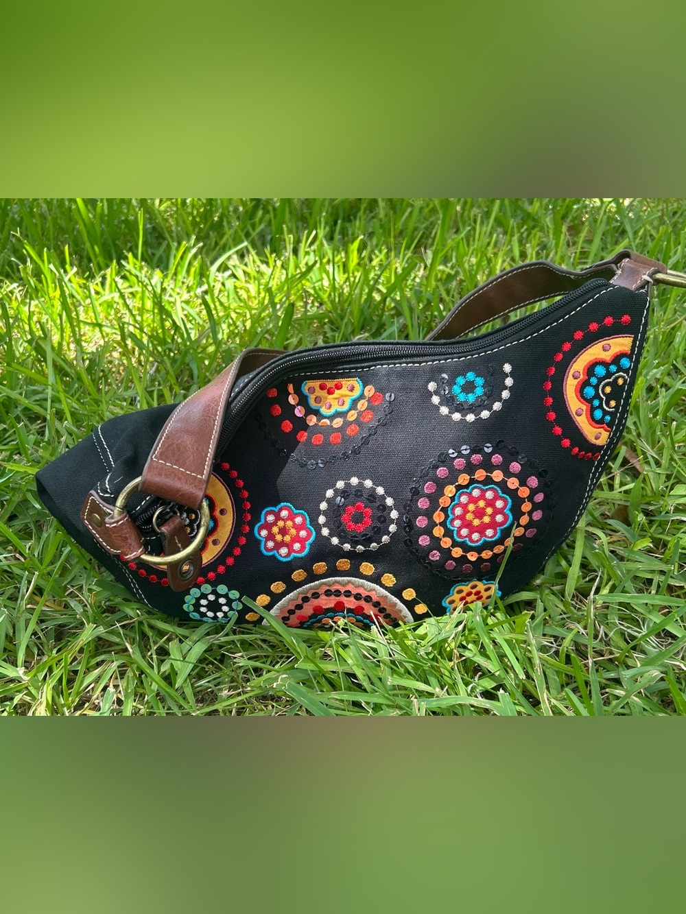 Relic Black Shoulder Bag with Multicolor Embroidered Medallions